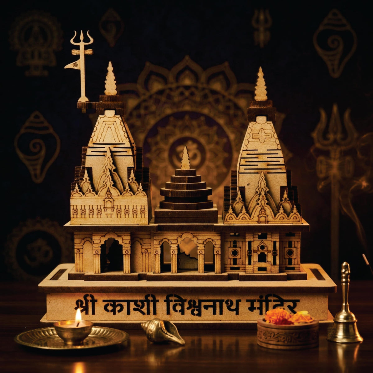 eXme Kashi Vishwanath Temple Wooden Model - Exquisite Pine MDF Craft Ideal for Gifting and Puja Spirituality and Home Decore and Pooja Room, 14 x 13 Cm