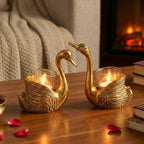 Webelkart Premium Golden Swan Tealight Candle Holder Set of 2 with Glass Cups | Decorative Metal Bird Candle Stand for Home Decor, Table Centerpiece & Romantic Gifting Duck Pair Set