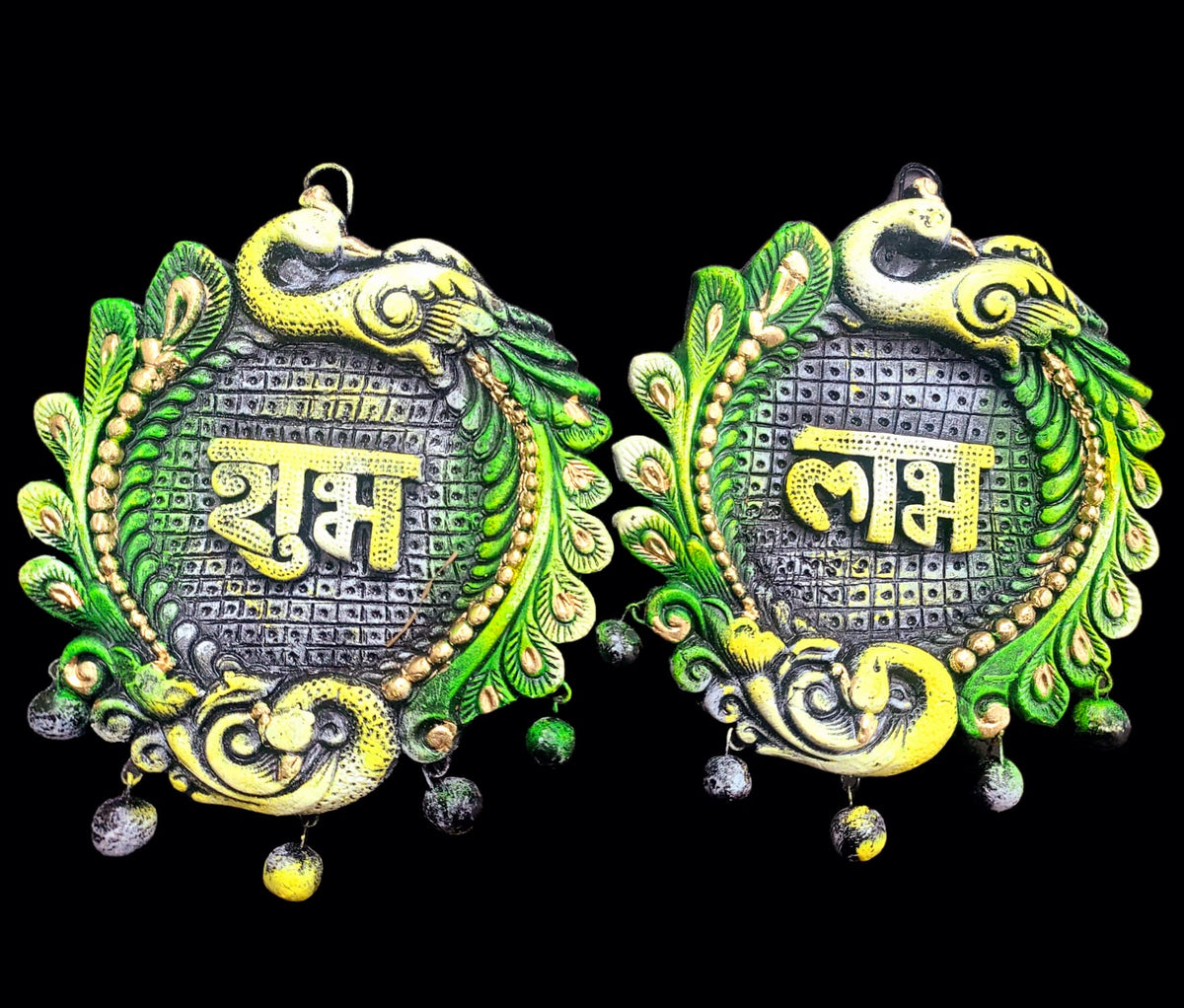 Paaroots Pack of 2Pc Terracotta Clay in Peacock Shape Wall Hangings Colorful Shubh Labh Hand Painted Eco Friendly for Diwali Home Decoration Mandir Temple Decor(17x16x1.5 cm) Clay Wall Hanging