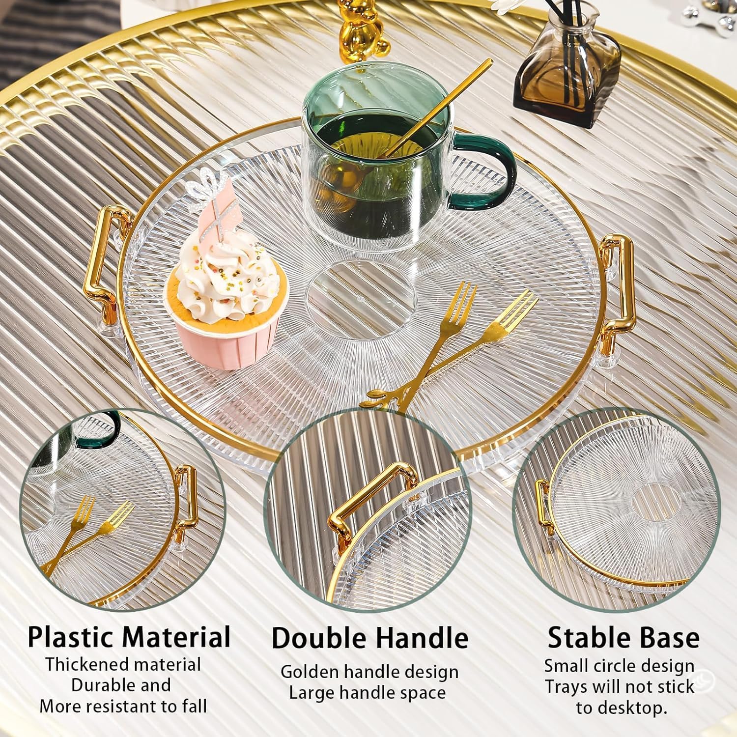 Clefairy Round Serving Tray with Golden Handles and Golden Rim Border, Decorative Plastic Serving Tray for Living Room, Bathroom, Kitchen | Tray Decor for Party, Coffee Table