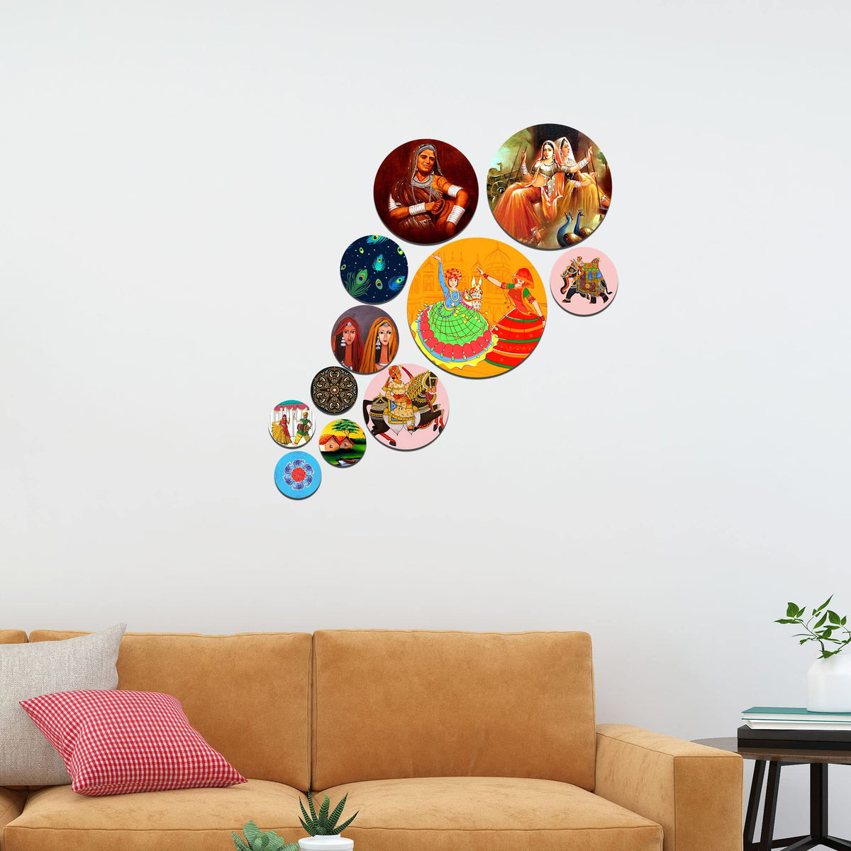 Artvibes Indian Traditional Rajasthani Village Art Round Shape MDF Wooden Wall Decor Items | Printed Wall Decoration | Graphic Artwork | Wall Illustrations | Scenery | Ideal Gift (WPS_119N), Set of 11