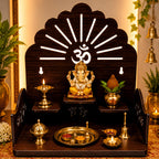 WRAPPING STUDIO Wooden Wall Mounted Home Temple for Pooja | Brown Laminated MDF Mandir with Om Cutwork Design | Decorative Prayer Shelf for Home, Office & Living Room (8 x 8 inch)
