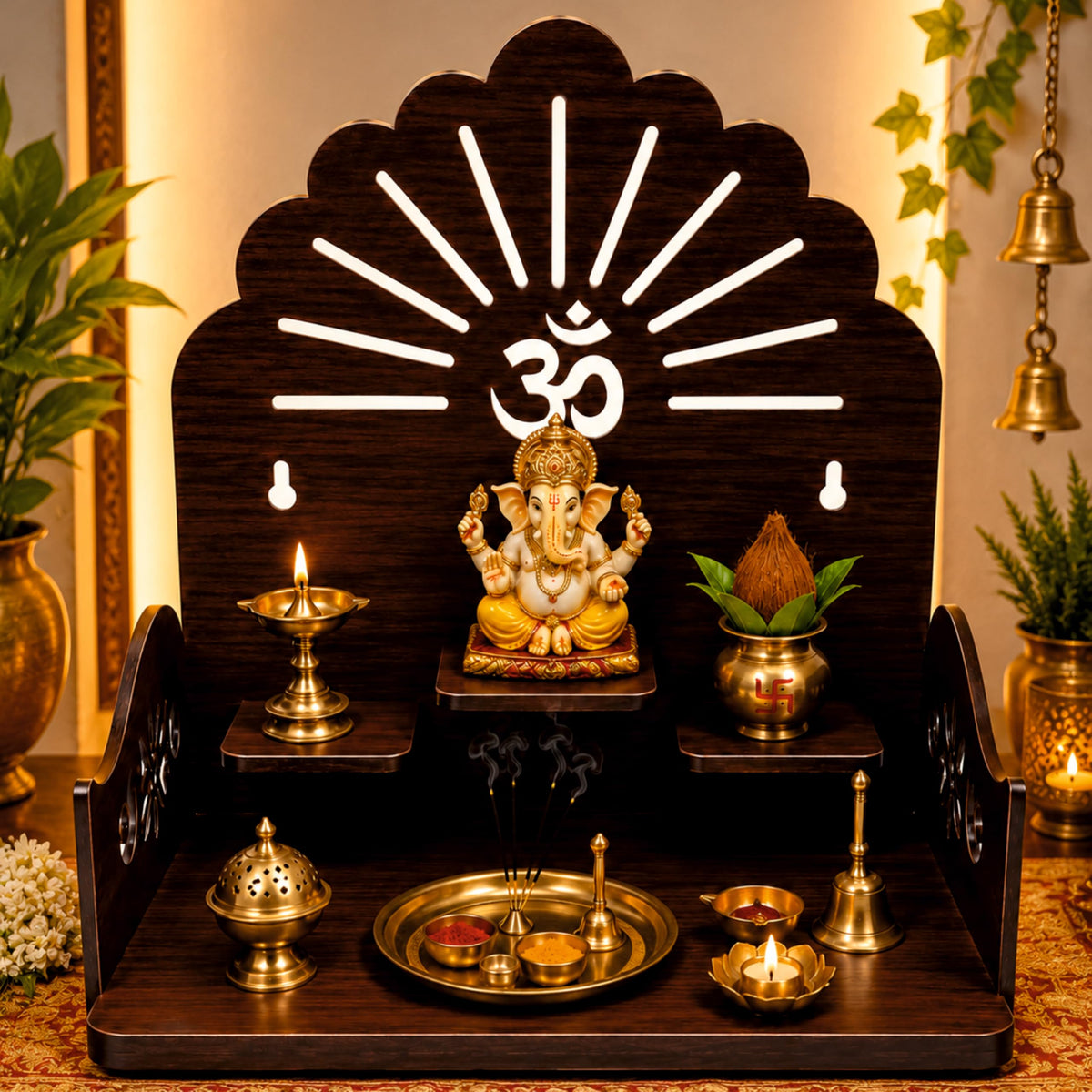WRAPPING STUDIO Wooden Wall Mounted Home Temple for Pooja | Brown Laminated MDF Mandir with Om Cutwork Design | Decorative Prayer Shelf for Home, Office & Living Room (8 x 8 inch)