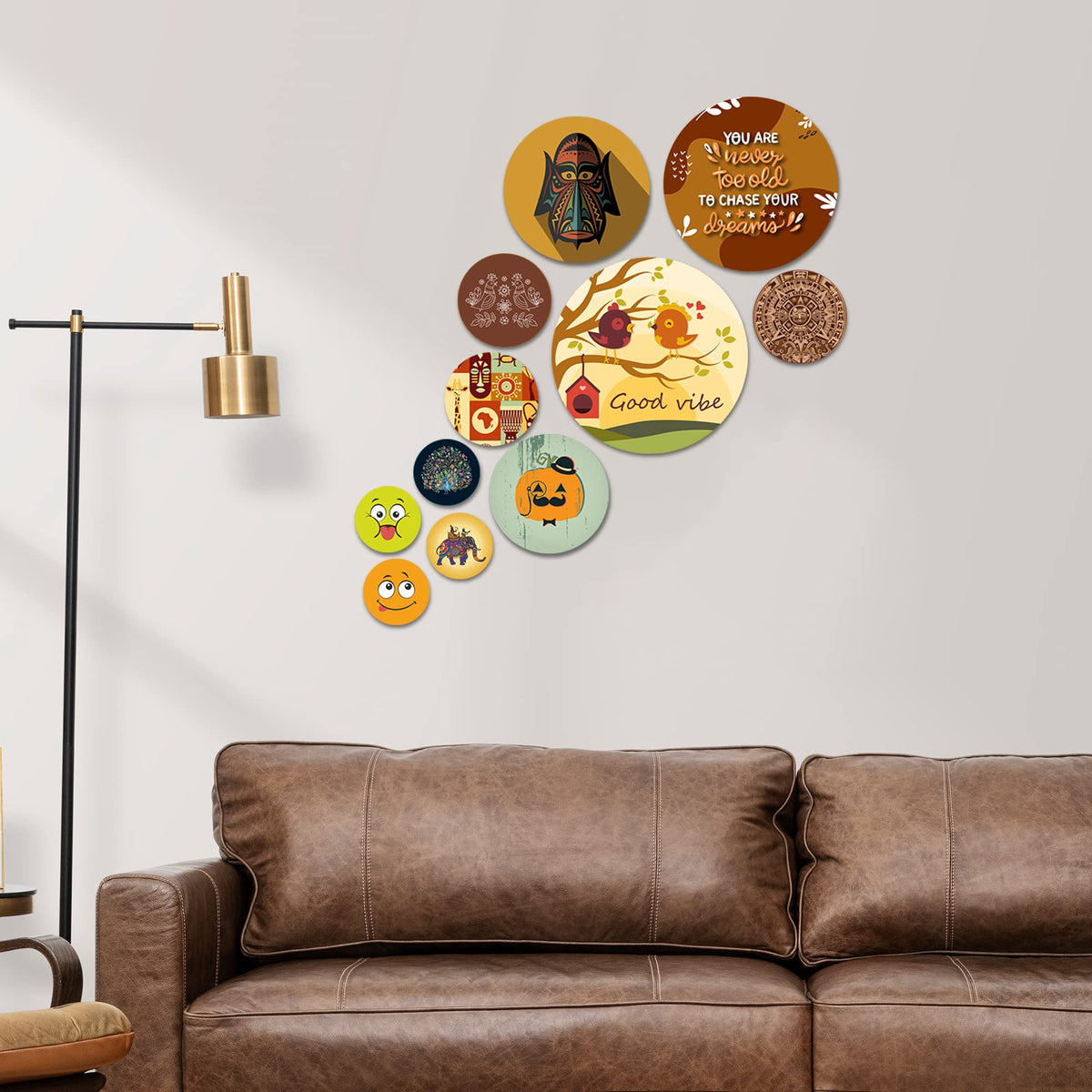 Artvibes Nature Round Shape MDF Wooden Wall Decor Items | Graphic Artwork | Door Decoration Items | Paintings For Wall | Aesthetic Wooden Decor | Handcrafted Art | Unique Gift (WPS_106N), Set of 11