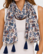 Women's Printed cotton Scarf with Tassels, Lightweight Boho Stole, 180x50 cm, All Seasons (multi)