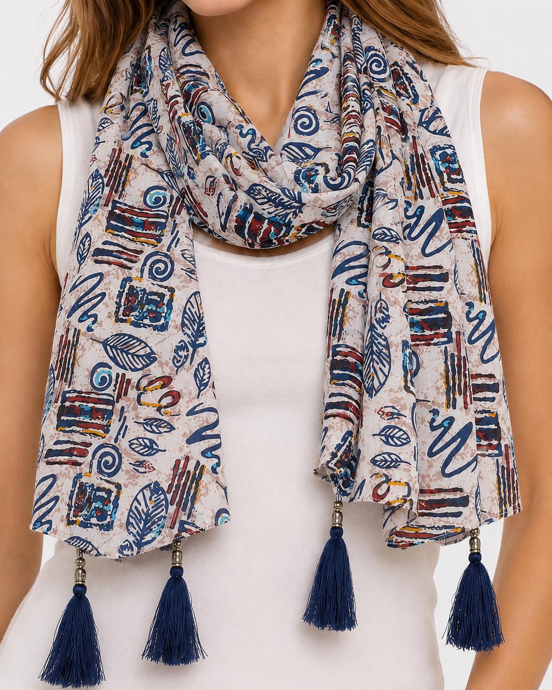Women's Printed cotton Scarf with Tassels, Lightweight Boho Stole, 180x50 cm, All Seasons (multi)