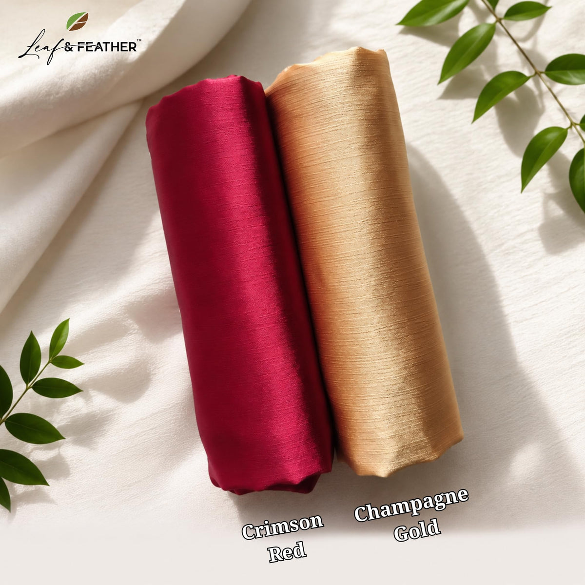 Leaf & FEATHER™ Muna Satin Hijab Scarf for Women | Pack of 2 Hijab Set | 200 x 70 cm | Silky Smooth & Lightweight | Premium Everyday Color Collection (8. Gold - Crimson Red)