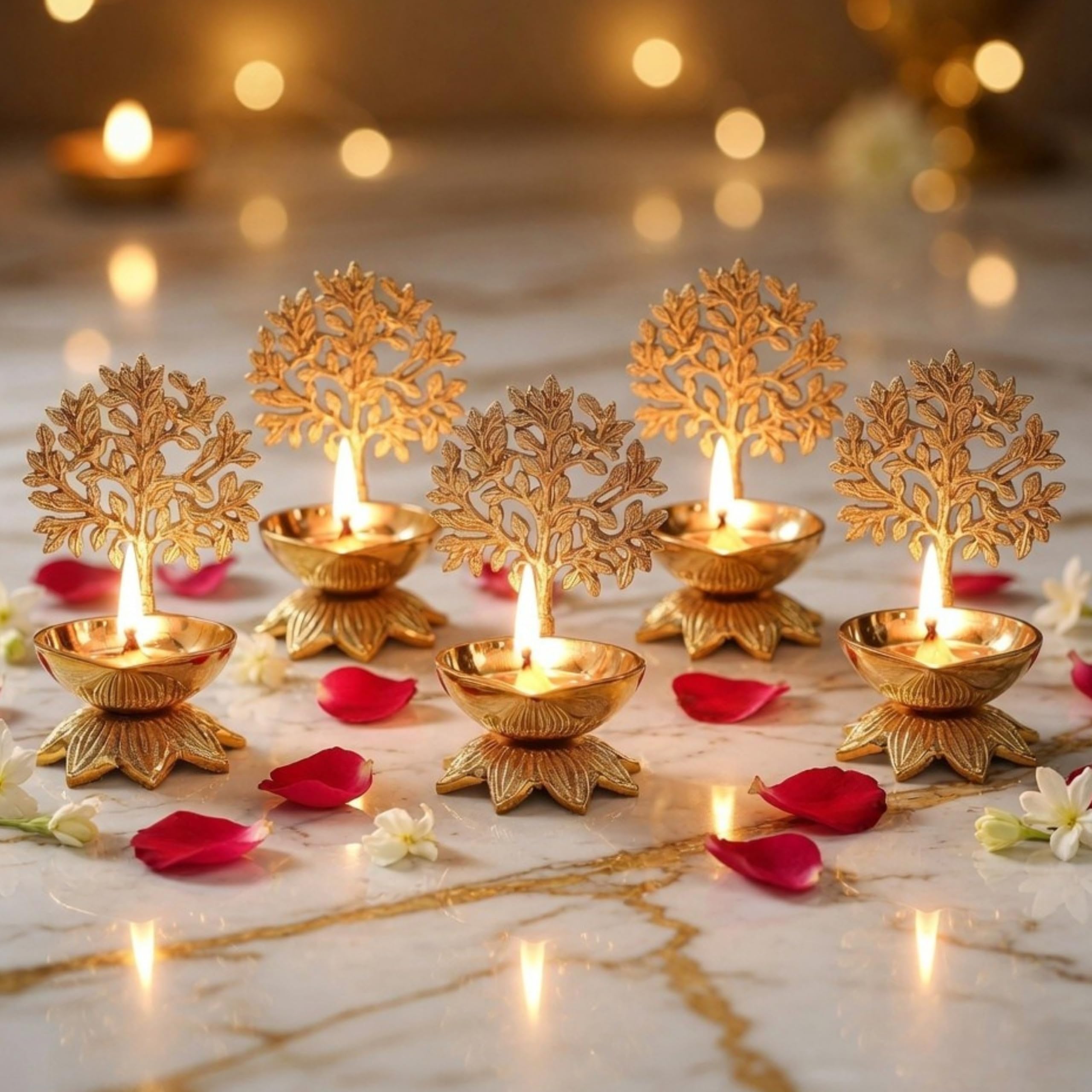 Behoma 100% Pure Brass Kalpvriksha Diya Set of 5 for Puja | Handcrafted Tree of Life Deepak for Mandir, Temple, Home Decor & Office | Decorative Brass Oil Lamp | Diwali Gift & Return Gift