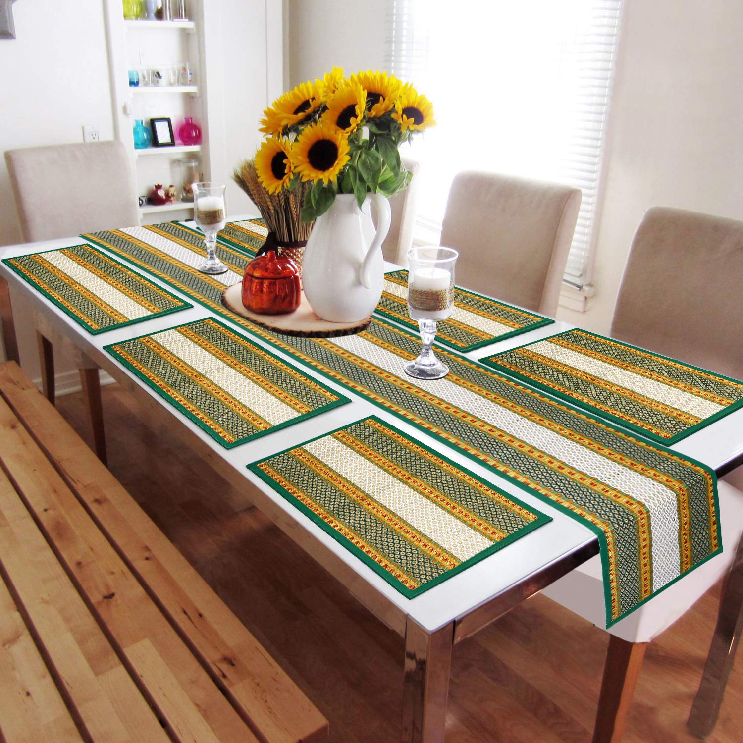 HOKIPO ® Natural River Grass Handmade Madurkathi Placemats and Runner for Dining Table (12 x 72 Inches) -Set of 6 Kafalo
