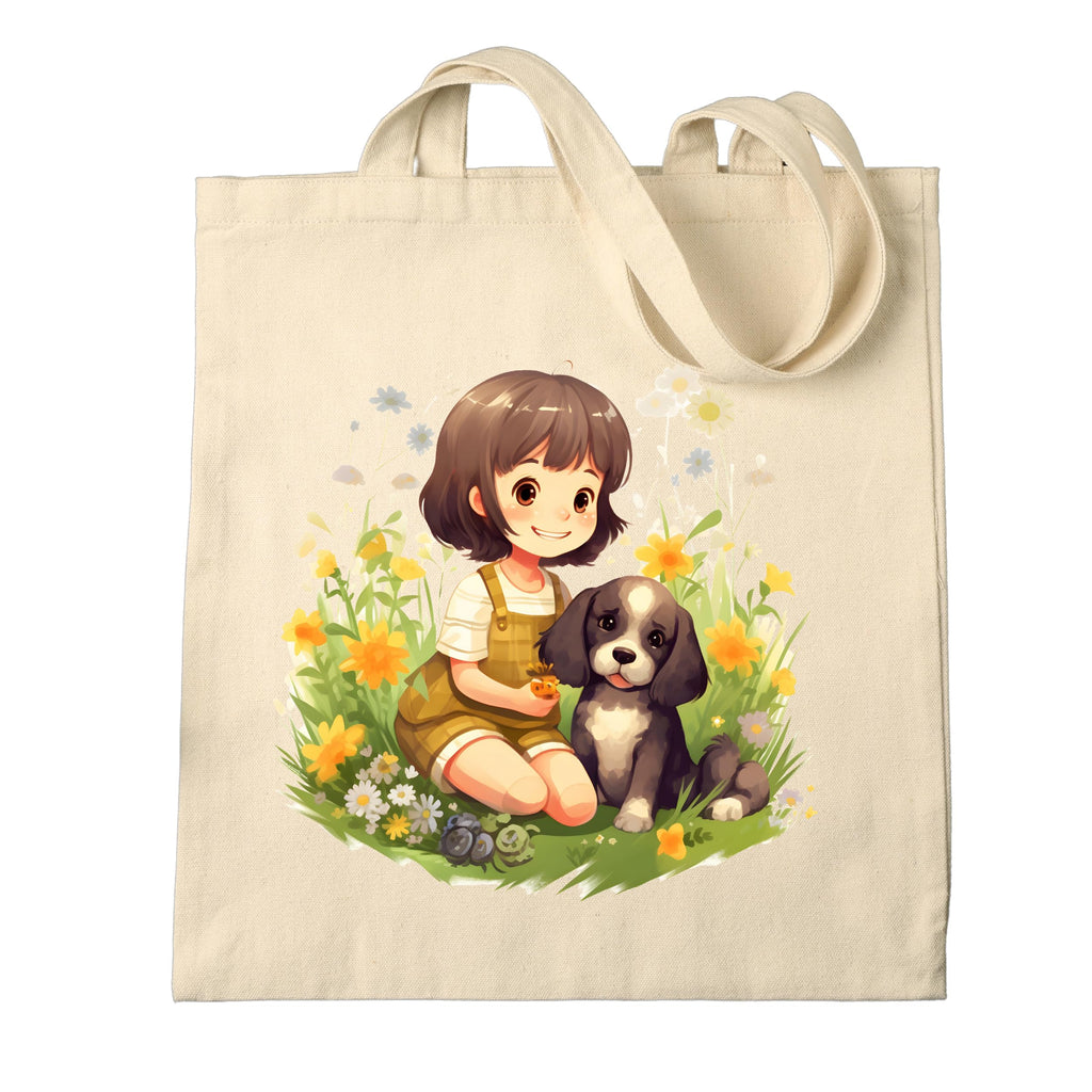 Metsi Canvas Tote Bag - Zipper Pocket With Girl and Puppy Print for Women 13x15 Inch, Eco-Friendly Multi-Purpose Cotton Tote Bag for Shopping, School, Beach, Groceries DIY Painting Gift Use - Design 4