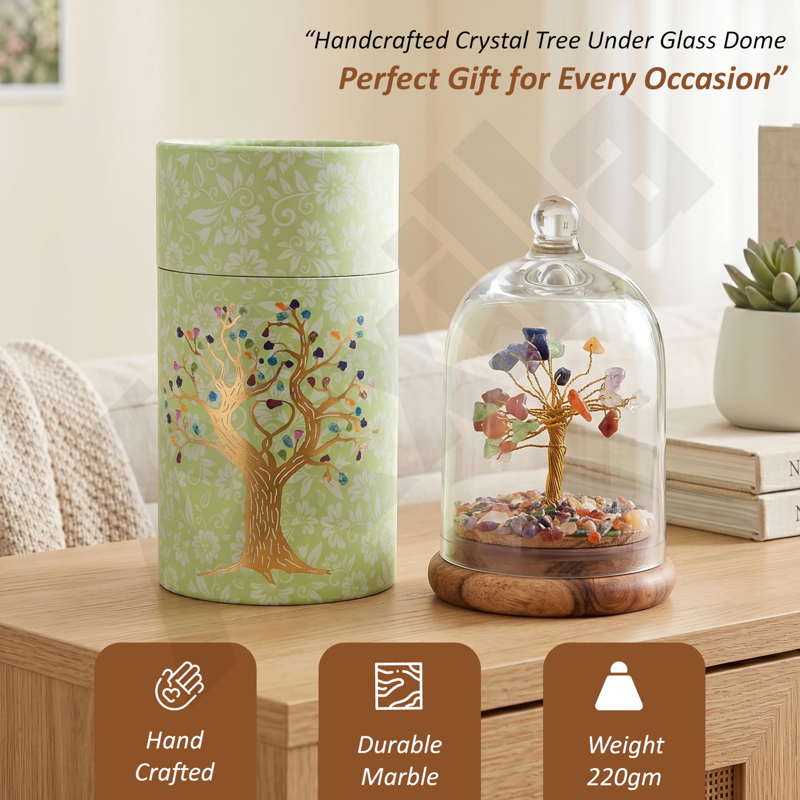 Axilla Original Certified Dome Crystal Chakra Tree for Positive Energy | 7 Chakra Healing Crystal Tree of Life with Protective Dome | Feng Shui Wish Tree for Wealth Meditation Home Decor Gift