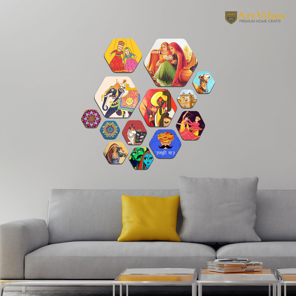 Artvibes Indian Diverse Culture Hexagon Shape MDF Wooden Wall Decor Items | Wall Sculpture | Signs & Plaques | Handcrafted Art | Artwork | Aesthetic Wooden Decor | Unique Gift (WPS_221N), Set of 13