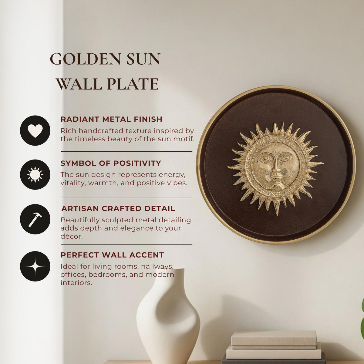 BEHOMA Sun Metal Wall Plate Coffee Brown & Gold 8.4