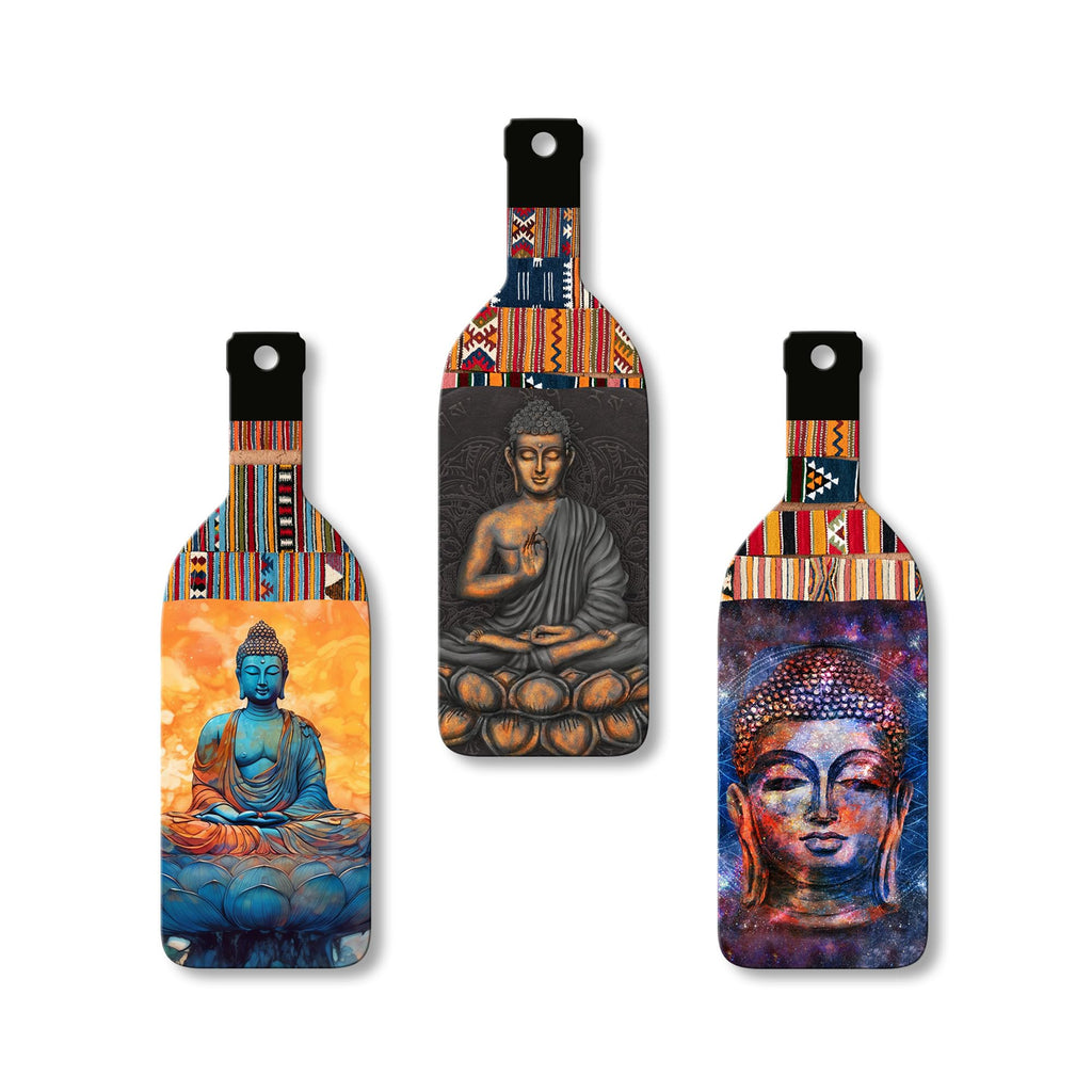 Artvibes Meditating Gautam Buddha Decor Bottle shaped Wooden Wall Hanging | Spiritual Decor Items | Wall Art Painting For Hall | Wall Paintings | Handcrafted Art | Gift Items (WH_9502N), Set of 3
