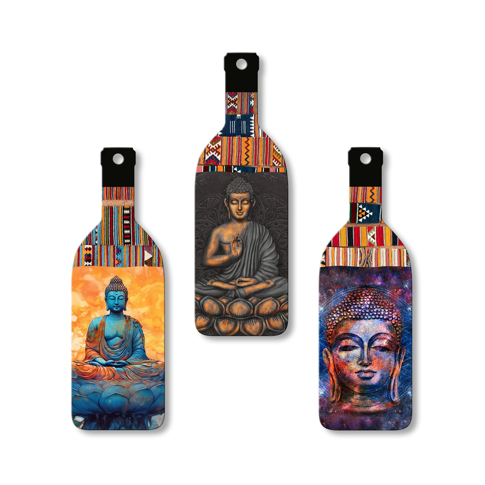 Artvibes Meditating Gautam Buddha Decor Bottle shaped Wooden Wall Hanging | Spiritual Decor Items | Wall Art Painting For Hall | Wall Paintings | Handcrafted Art | Gift Items (WH_9502N), Set of 3