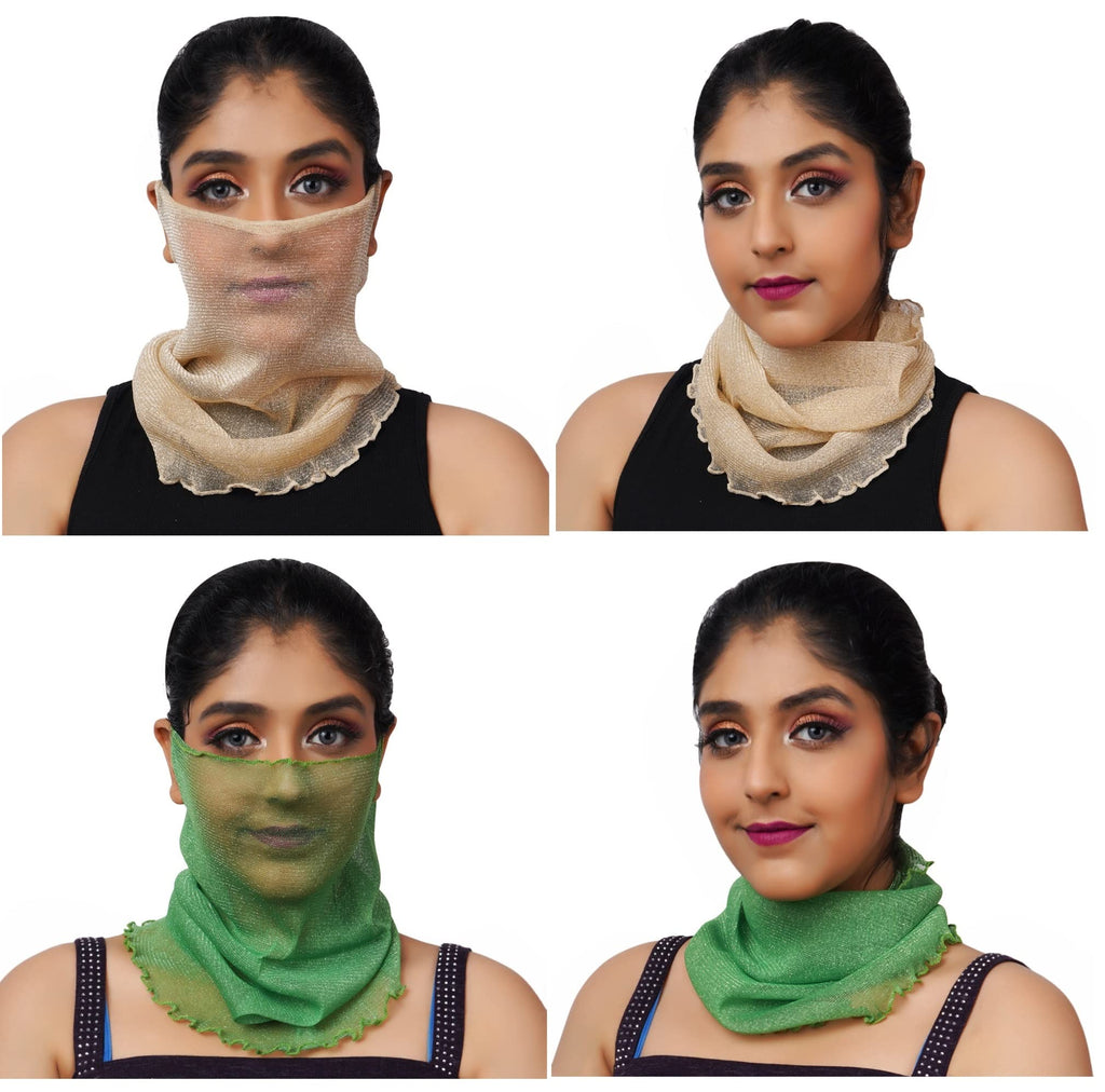 KETKAR Women's Spring Summer Face Scarf Bandana Net Mask Soft Cashmere Neck Scarves_Free Size(Pack Of 02,Green And Beige)