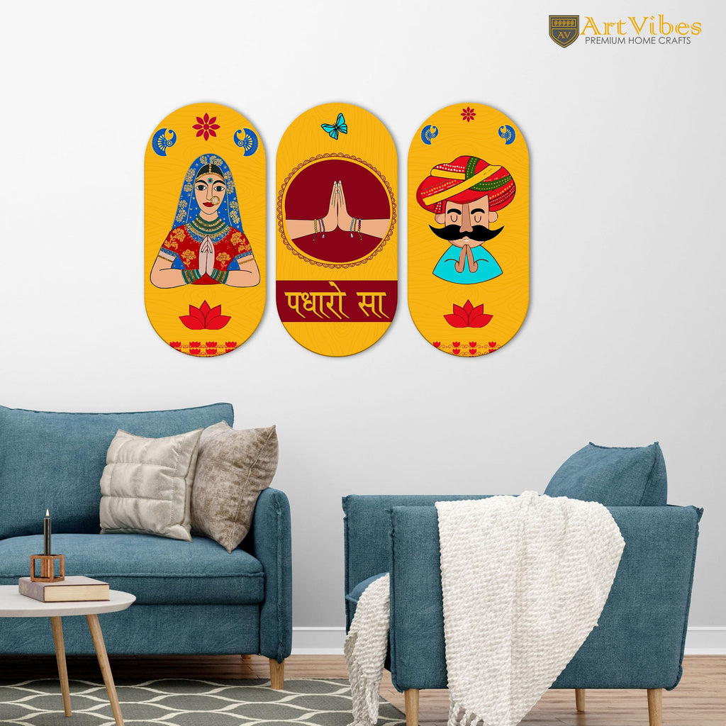 Artvibes Padharo Sa Rajasthani Art Wooden Wall Hanger for Home | Office | Living Room | Gift | Modern Decoration Items | Kitchen Wall Decor | Artworks (WH_9023N), Set of 3