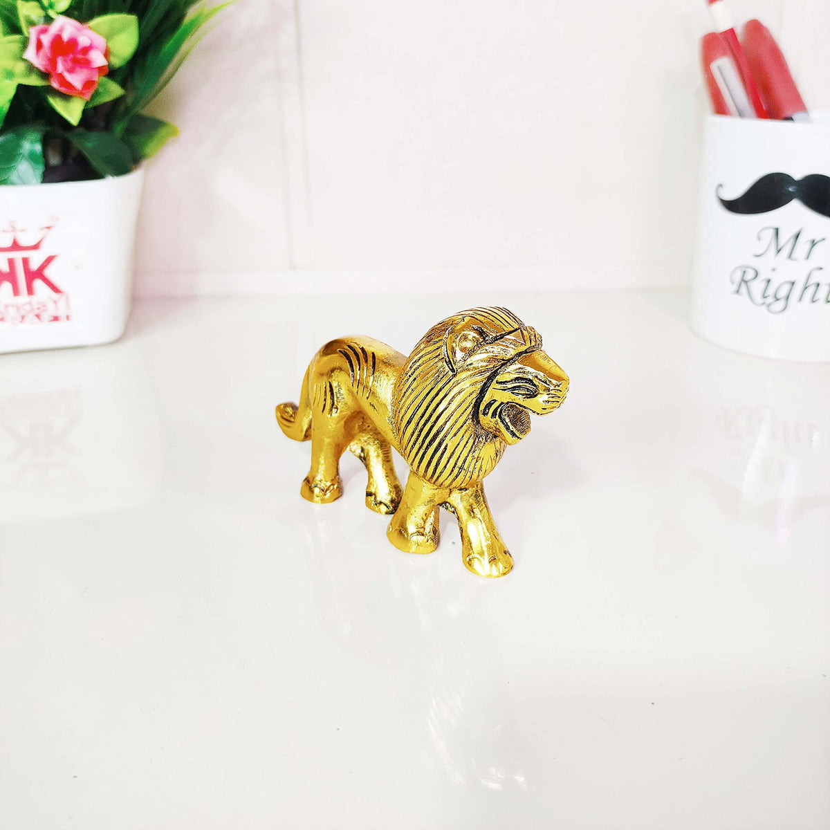 KridayKraft Metal Lion Pair in Fine Finishing & Decorative for Home/Office & Table (Gold, Standard), 11 cm , 5 cm