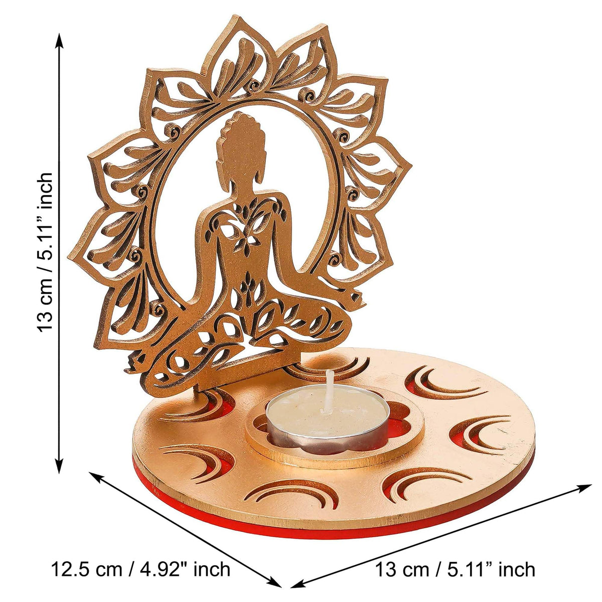 eCraftIndia Red and Golden MDF Wooden Lord Buddha Lotus Shadow Decorative Tea Light Candle Holder, Diya Stand for Home Decoration | Buddha Purnima, Diwali Decoration Item | Diwali Gift for Festival