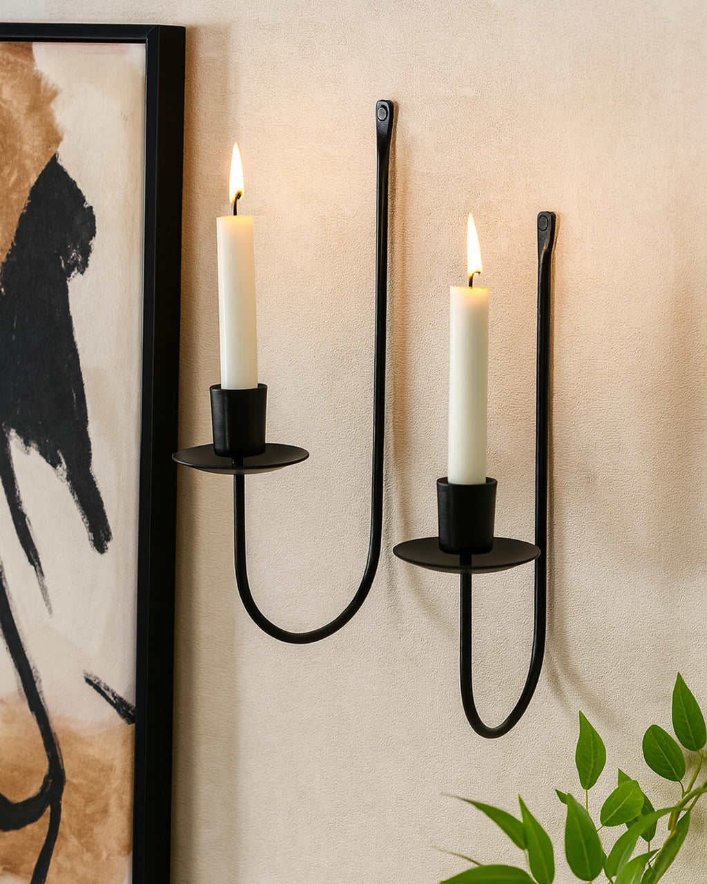 Homesake® Wall Candle Holder Stand for Living Room, Black Metal Wall Sconce with Taper Candle Holder, Decorative Candle Stand for Diwali, Home Décor (Set of 2)