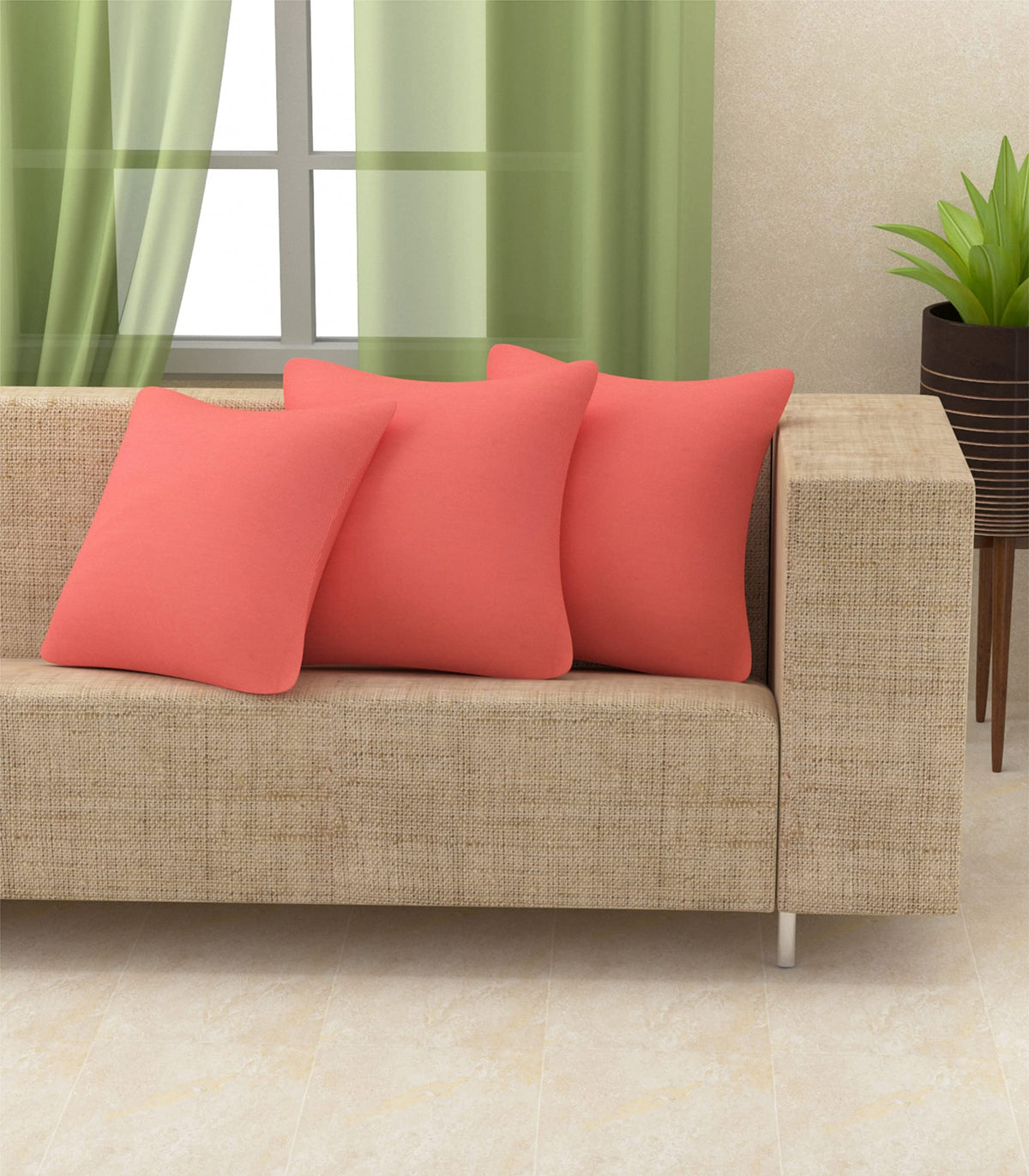 Yellow Weaves Cotton 250 TC Canvas Decorative Cushion Covers, (24 X 24 Inches), Set Of 3, Peach