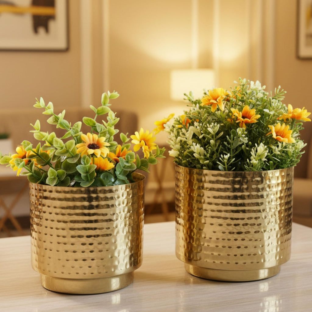 BEHOMA Hammered Gold Metal Mini Tabletop Planters - Set of 2
