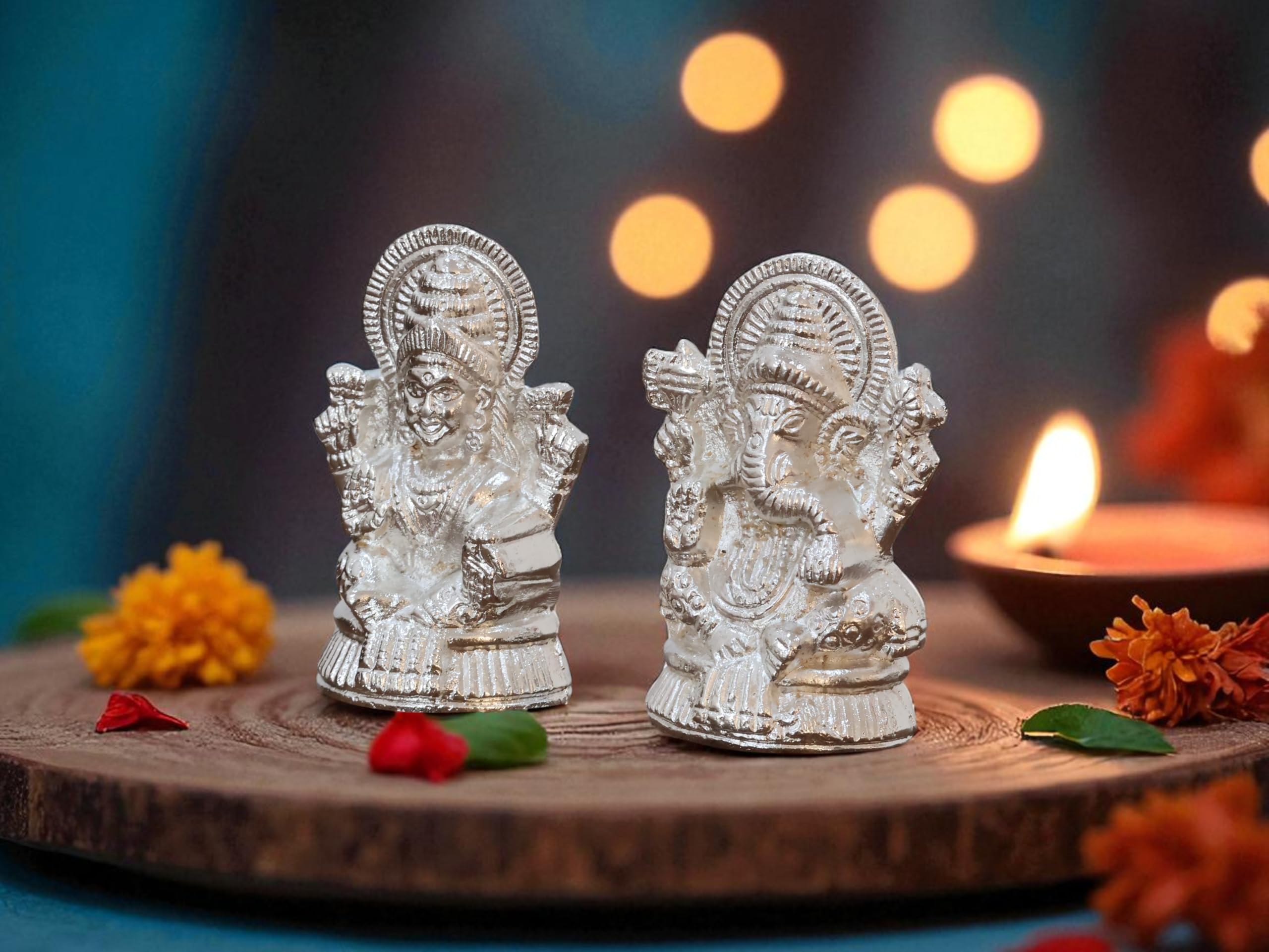 KridayKraft Metal Lakshmi & Ganesha Idol Pair – Silver-Finish Mini Statues (7.5 cm × 4 cm Each), 160 g – Auspicious Home Puja Decor & Diwali Gift