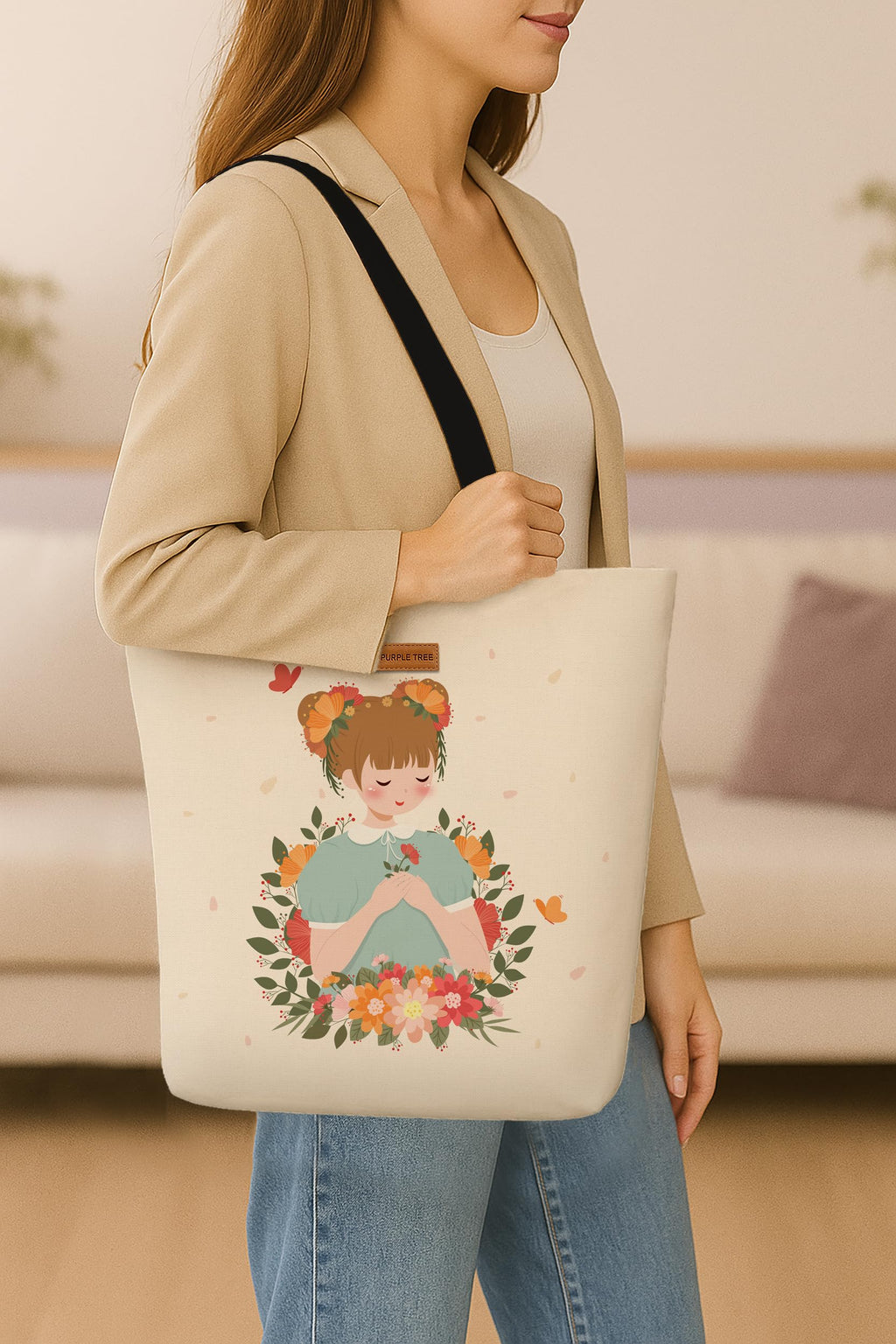 The Purple Tree Eco-Friendly Canvas Tote Bag, Sustainable, Reusable Shopping, Beach, Travel or Everyday Tote, Wide Tote Bag, little Girl