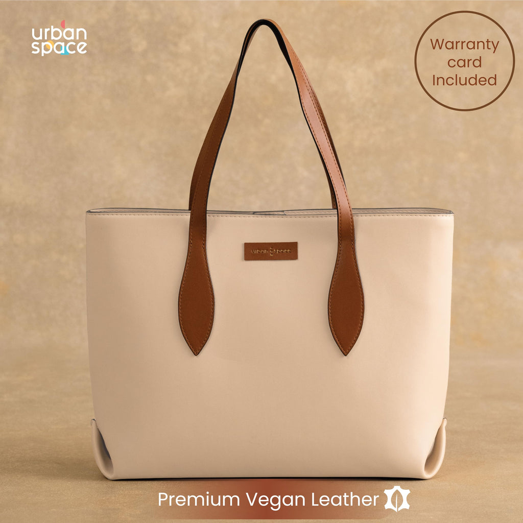Urban Space Vegan Leather Women Tote Bag with Laptop compartment, Handbag for Work, Ladies purse, Stylish Shoulder Bag, Laptop ipad Bags For Office Use, Gift for Women (Kaya Tote Cream)