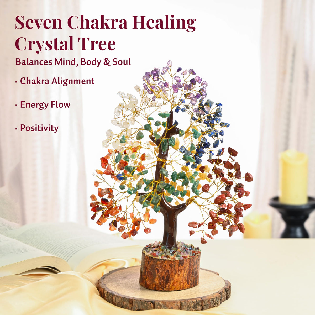 HindCraft 7 Chakra Crystal Tree- 500 Beads – Healing Crystal Bonsai Tree with Gemstones for Energy Balancing, Prosperity & Meditation – Feng Shui Spiritual Gift for Home & Office Décor (10-12 Inch)