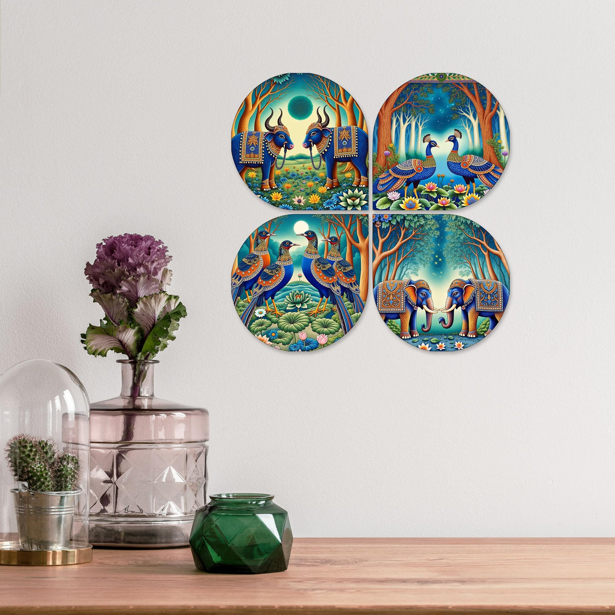 Artvibes Traditional Animal Wooden Wall Hanger for Home Decor | Living Room | Office | Cafe | Painting Wall Decor | Aesthetic Wooden Decor | Handcrafted Art | Ideal Gifts (WH_8456N), Set of 4