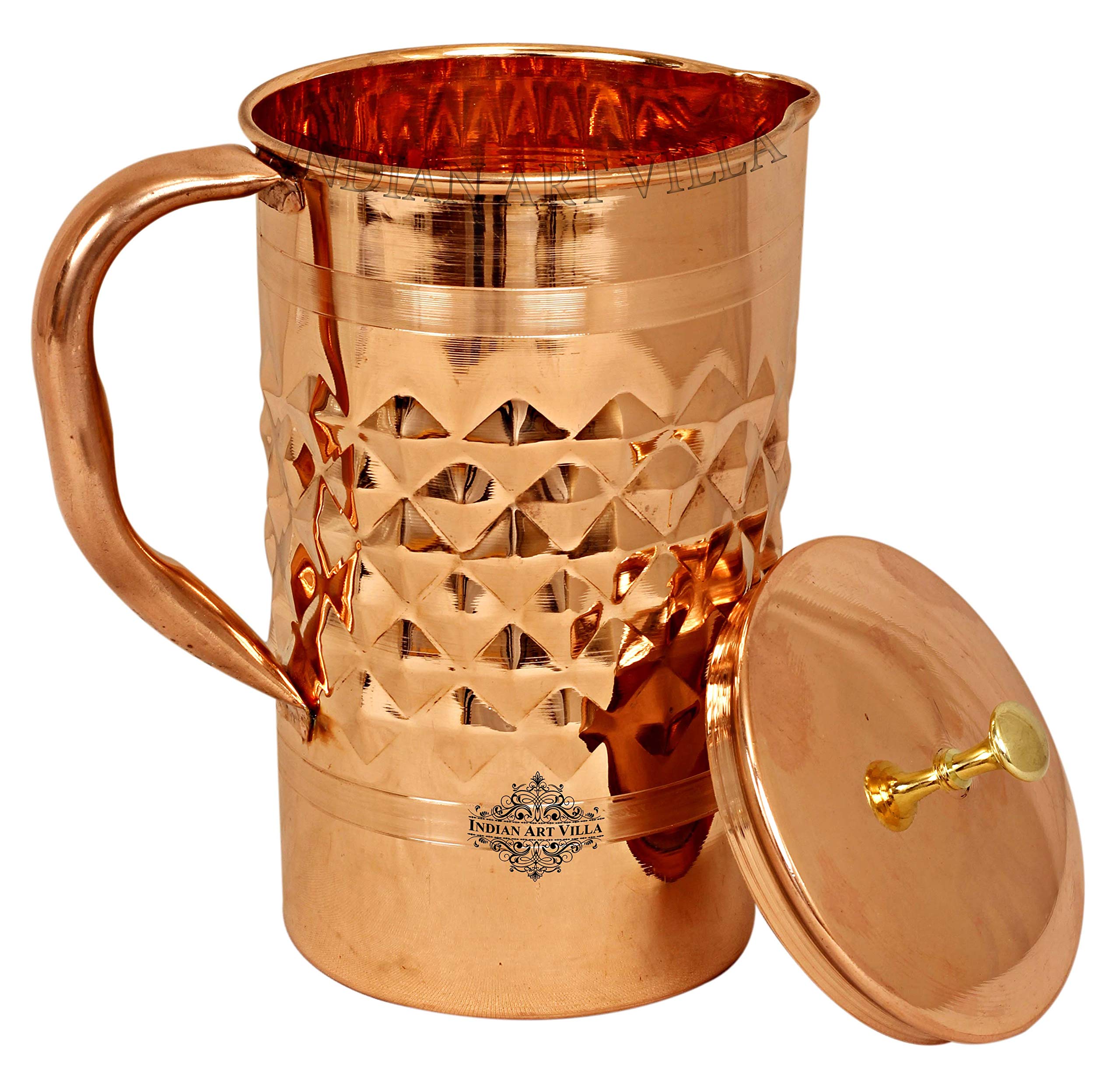 Indian Art Villa Dinamond Hammered Design Copper Jug Pitcher with Brass Knob, Storage & Serving Water, Yoga Ayurveda Healing, Volume- 2000 ML