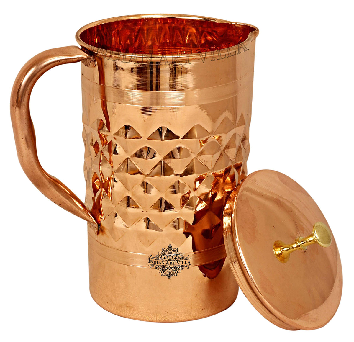 Indian Art Villa Dinamond Hammered Design Copper Jug Pitcher with Brass Knob, Storage & Serving Water, Yoga Ayurveda Healing, Volume- 1000 ML