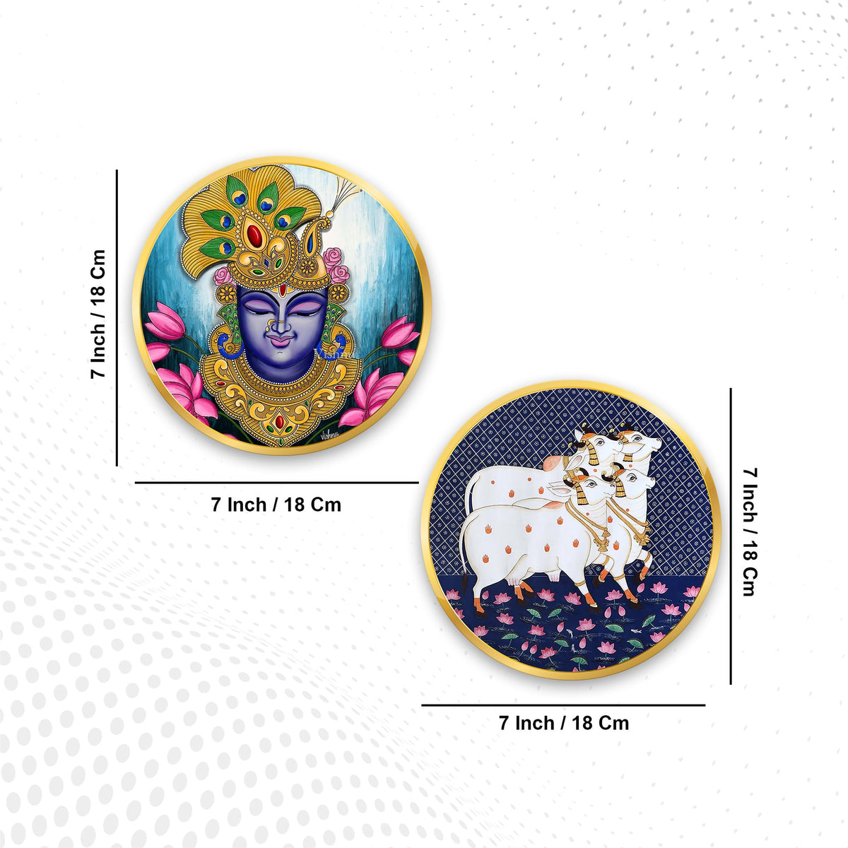 Artvibes Shrinath Ji & Cow Pichwai Art Round Shape MDF Wooden Wall Decor Items | Living Room | Handcrafted Art | Wall Illustrations | Art Prints | Aesthetic Wall Art | Ideal Gifts (WH_8807N), Set of 2