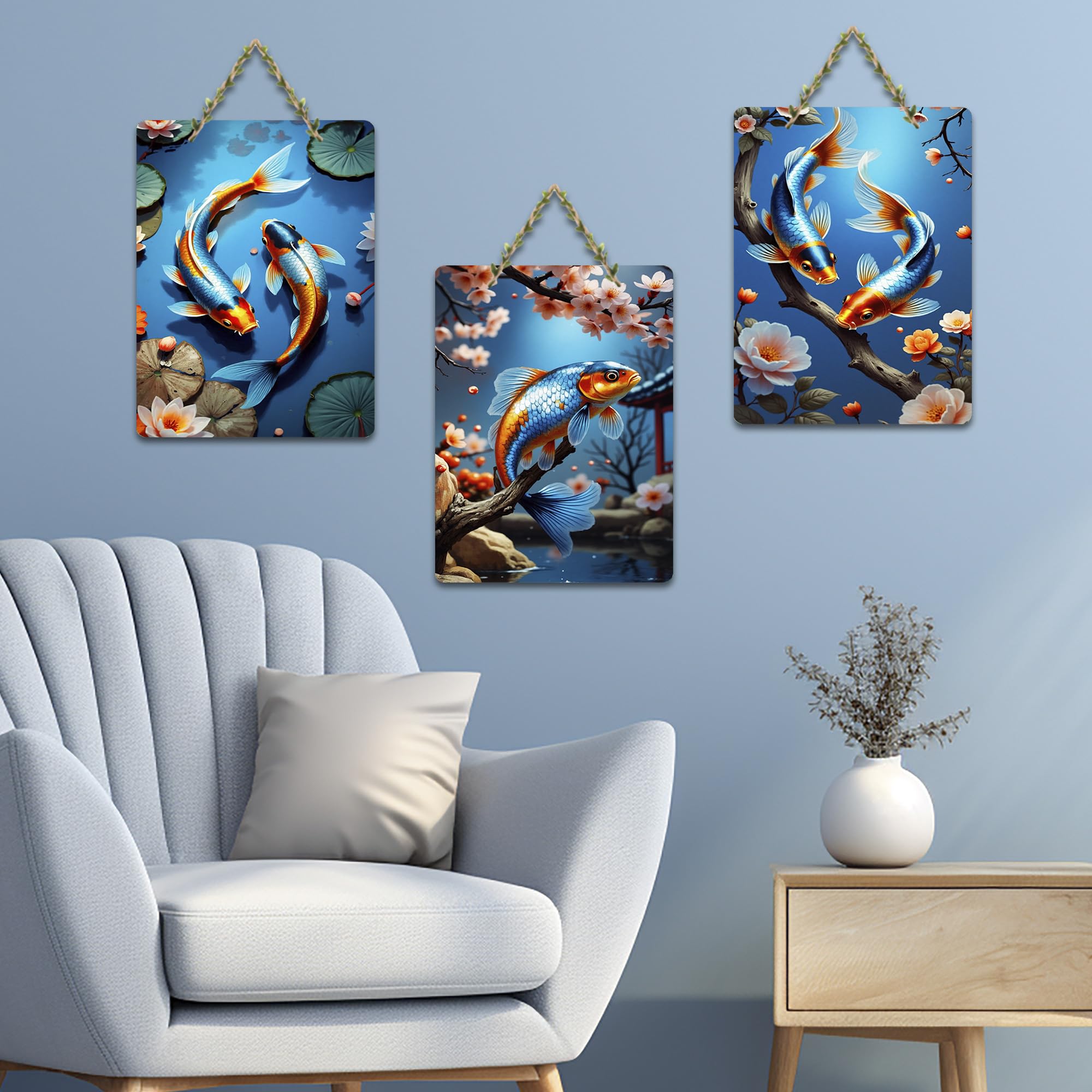 Artvibes Water Lily And Koi Fish Decorative Wall Art MDF Wooden Wall Hanger for Home | Room Wall Art | Modern Decor Artwork | Living Room | Cafe | Wall Art Print | Gift Items (WH_9656N), Set of 3