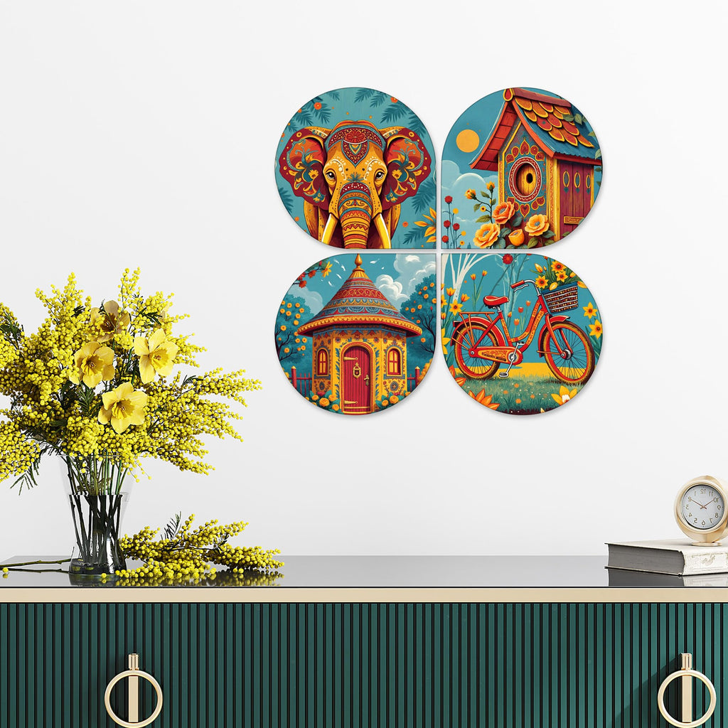 Artvibes Modern Art Decorative Wall Art MDF Wooden Wall Hanger for Home | Wood Decorative Items | Modern Decoration | Festive Decor | Aesthetic Wooden Decor | Ideal Gifts (WH_8464N), Set of 4