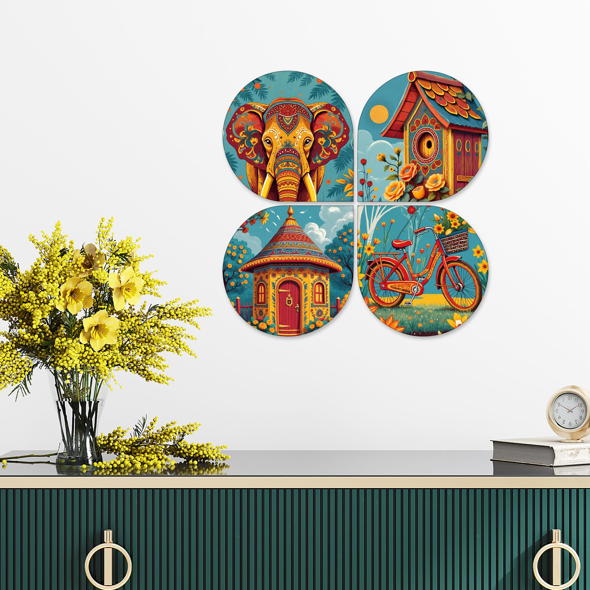 Artvibes Modern Art Decorative Wall Art MDF Wooden Wall Hanger for Home | Wood Decorative Items | Modern Decoration | Festive Decor | Aesthetic Wooden Decor | Ideal Gifts (WH_8464N), Set of 4