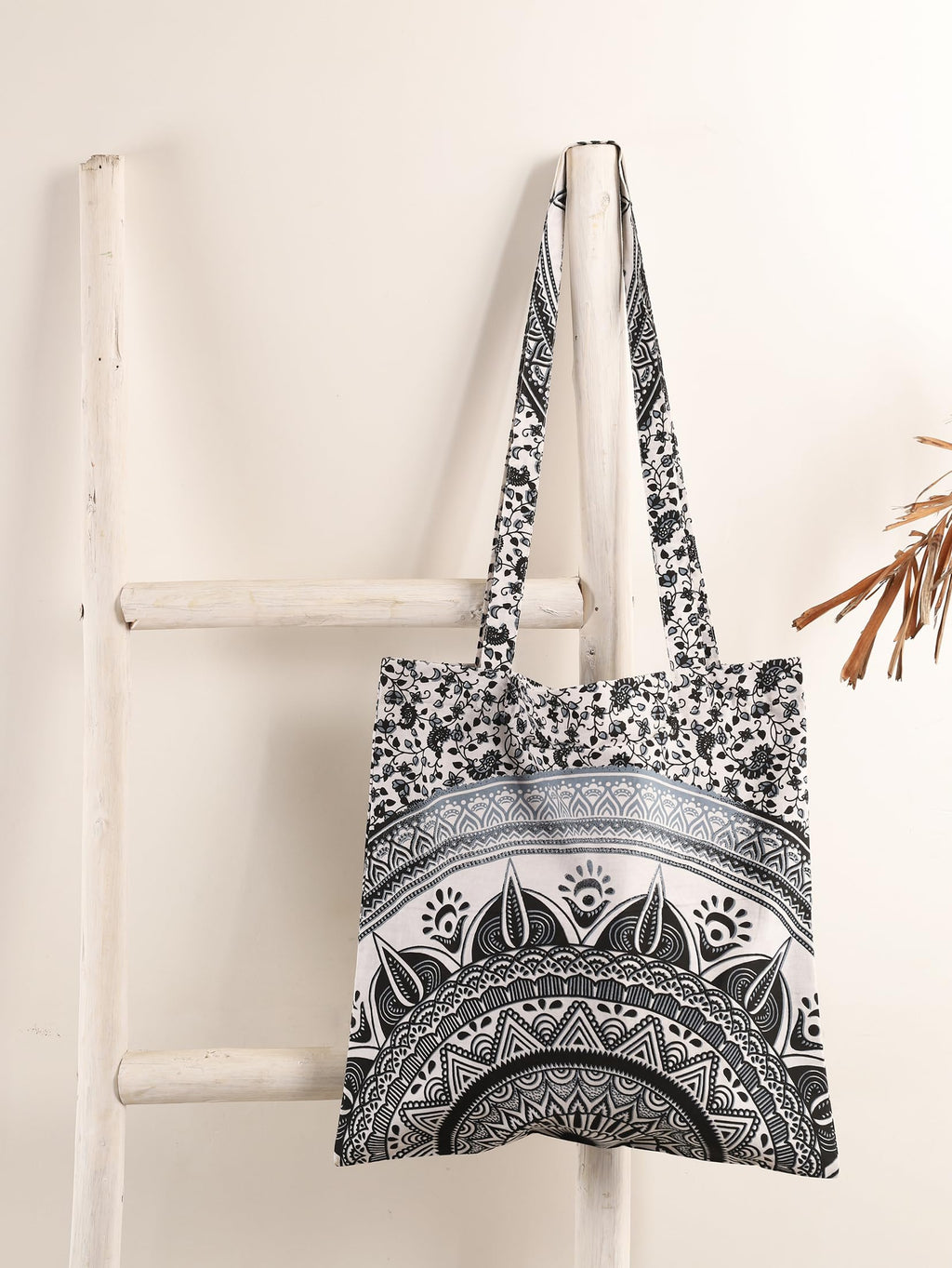 Ravaiyaa - Attitude is everything Cotton Shoulder Bag/Tote Bag For Women| Printed Multipurpose Handbag With Top Zip| Best For Shopping, Travel, Work, Beach, Office, College (White Black Ombre Mandala)