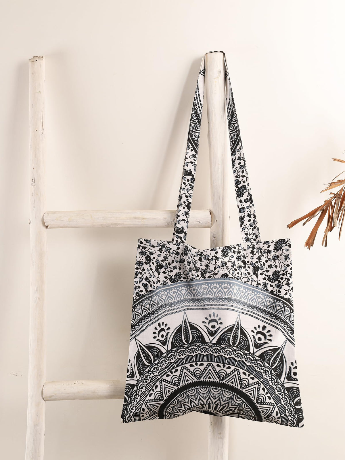 Ravaiyaa - Attitude is everything Cotton Shoulder Bag/Tote Bag For Women| Printed Multipurpose Handbag With Top Zip| Best For Shopping, Travel, Work, Beach, Office, College (White Black Ombre Mandala)