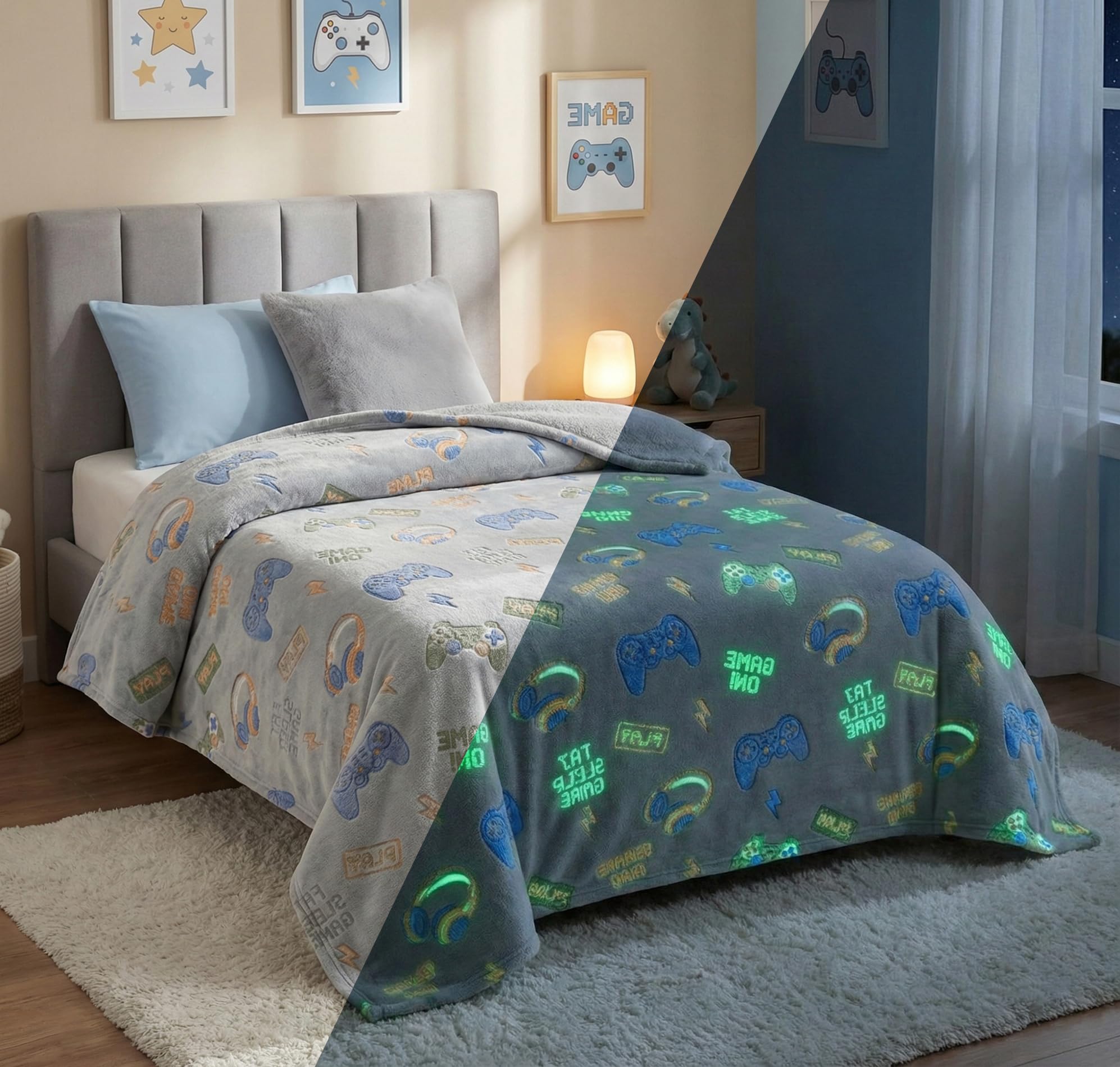 VAS COLLECTIONS Glow in The Dark Kids Blanket Single (60x90 Inch) | Soft Flannel Luminous Throw for Kids (0–15 Years) | Cozy, Safe Lab Tested Blanket for Boys & Girls (Gaming Pattern) Kafalo