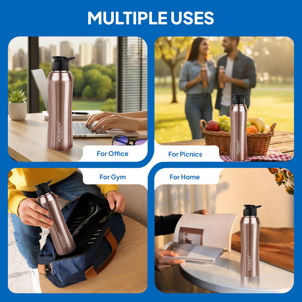Aquench Stainless Steel Water Bottle, 1 Litre Capacity,Gym, Office, Boys, Girls, Men, Women, Kids, Fridge 1Ltr - 1000 ml, Leak-proof Sipper Cap (Pack of 1, Copper)