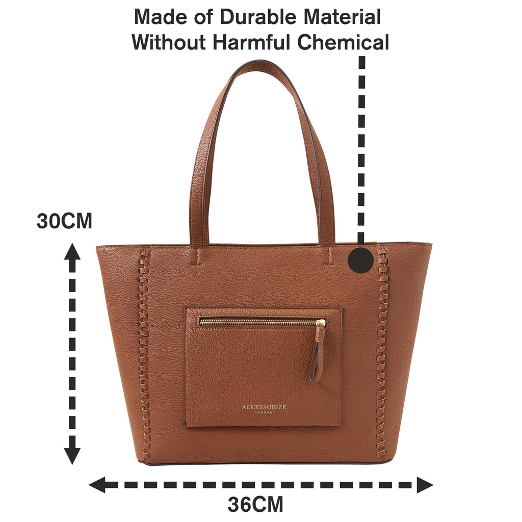 Accessorize London Women's Brown Front Pocket Tote Bag| Tote bags for women office use |Spacious Work bag for ladies |Fits 13 inch laptop
