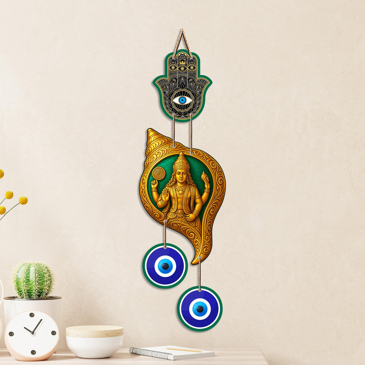 Artvibes Lord Vishnu Conch Evil Eye Wall Hanging Decor | Sacred Spiritual Protection Ornament for Home Entrance | Temple Room Accent | Nazar Battu Wall Art Gift (WH_85141N)