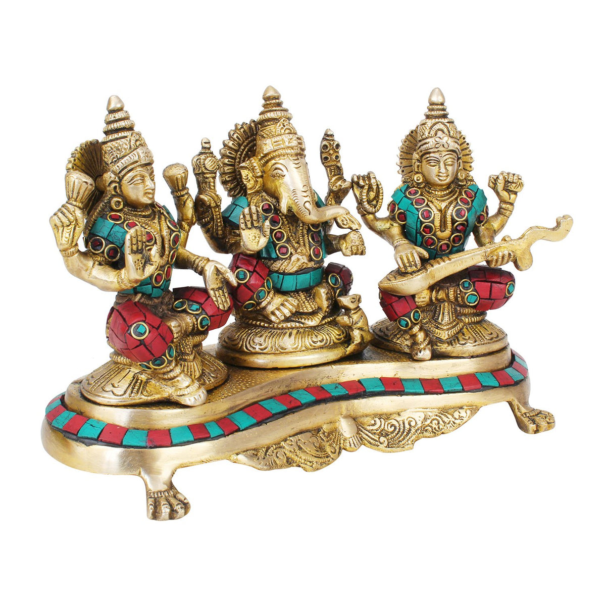 SVARUP Brass Goddess Lakshmi laxmi Ganesha Ganesh and Saraswati Idol for Diwali Pooja Home Decor Multicolor (Height 6 inch Weight 3.30 Kg)