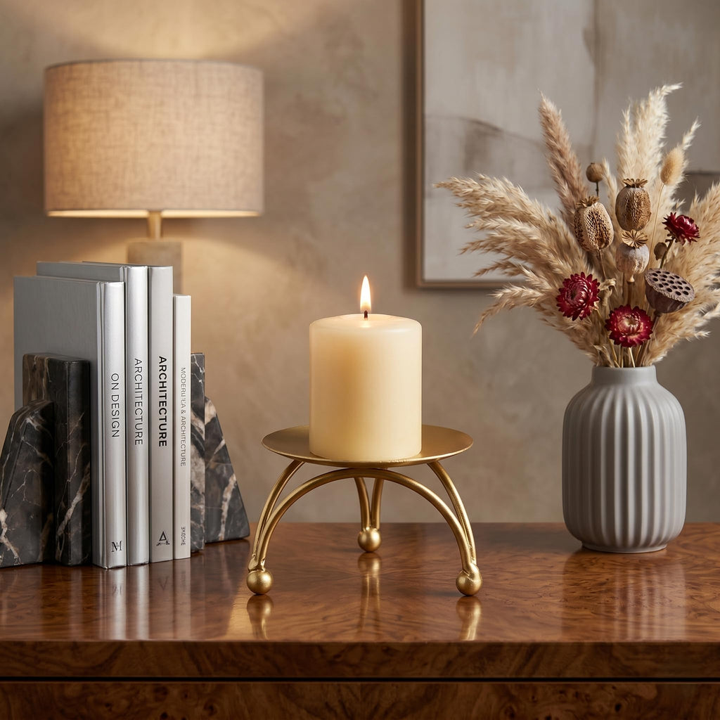 India Decor House Elegant Metal Pillar Candle Holder Stand | Premium Gold Finish | Decorative Iron Base for Table Centerpiece, Living Room Decor & Festive Gifting