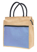 JUTEKA Front Zip Pocket Teal Blue color Jute Bag for Lunch, Office, Grocery, Picnic, Tiffin, Shopping Hand Bag with padded cotton handles…