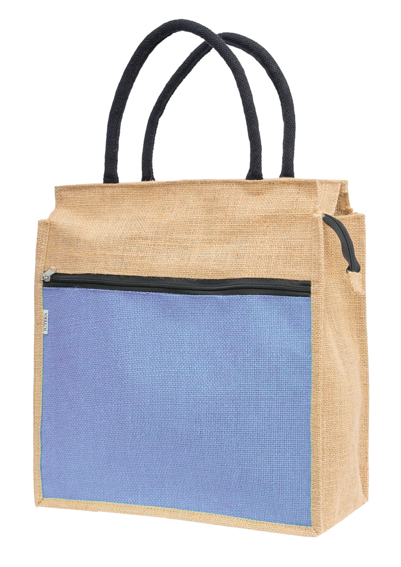 JUTEKA Front Zip Pocket Teal Blue color Jute Bag for Lunch, Office, Grocery, Picnic, Tiffin, Shopping Hand Bag with padded cotton handles…