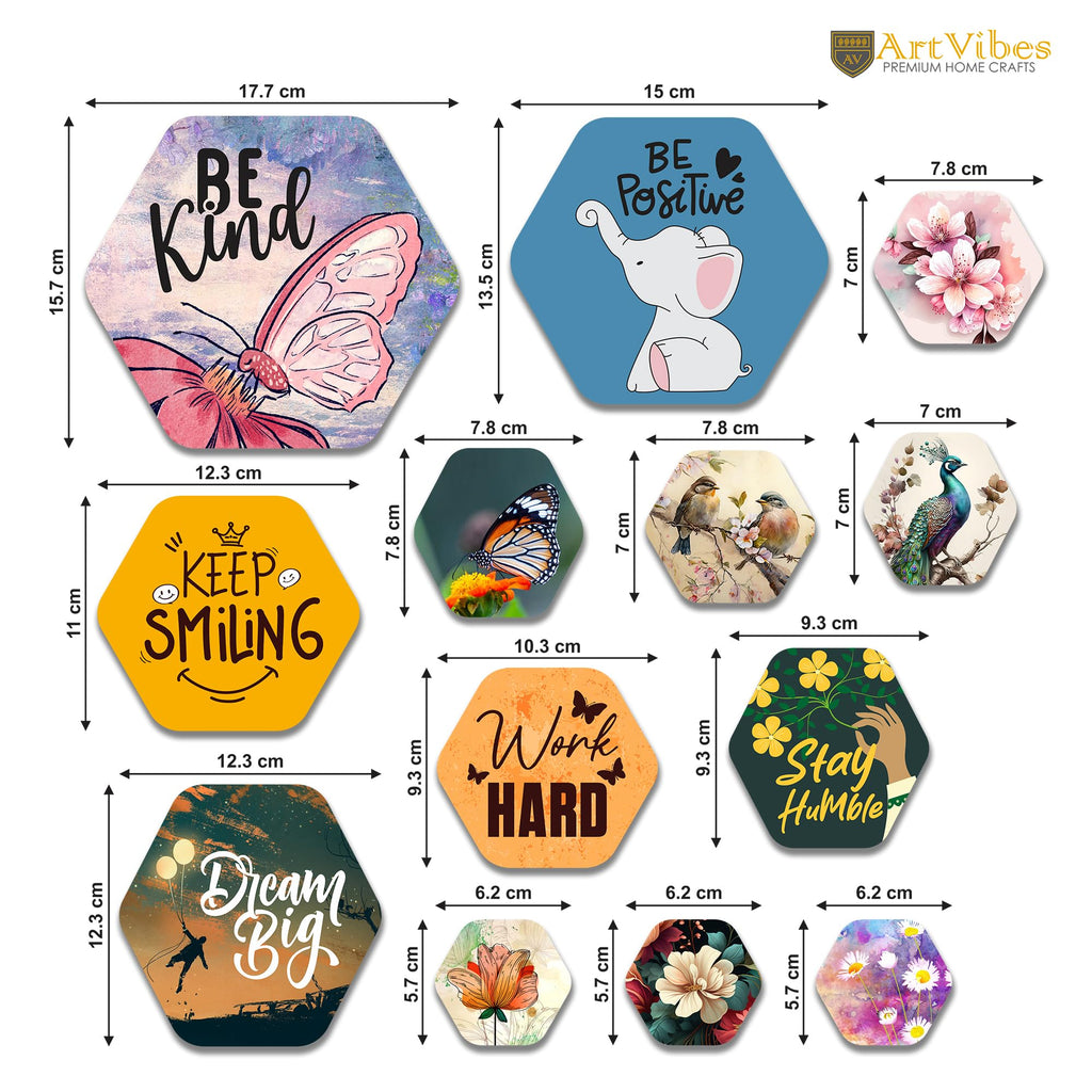 Artvibes Be Kind Decorative Hexagon Shape MDF Wooden Wall Hanging | Quotes Decor Item | Wall Poster | Office Decor | Inspirational Quotes Wall Art | Mdf Wall Decoration | Gifts (WPS_214N), Set of 13