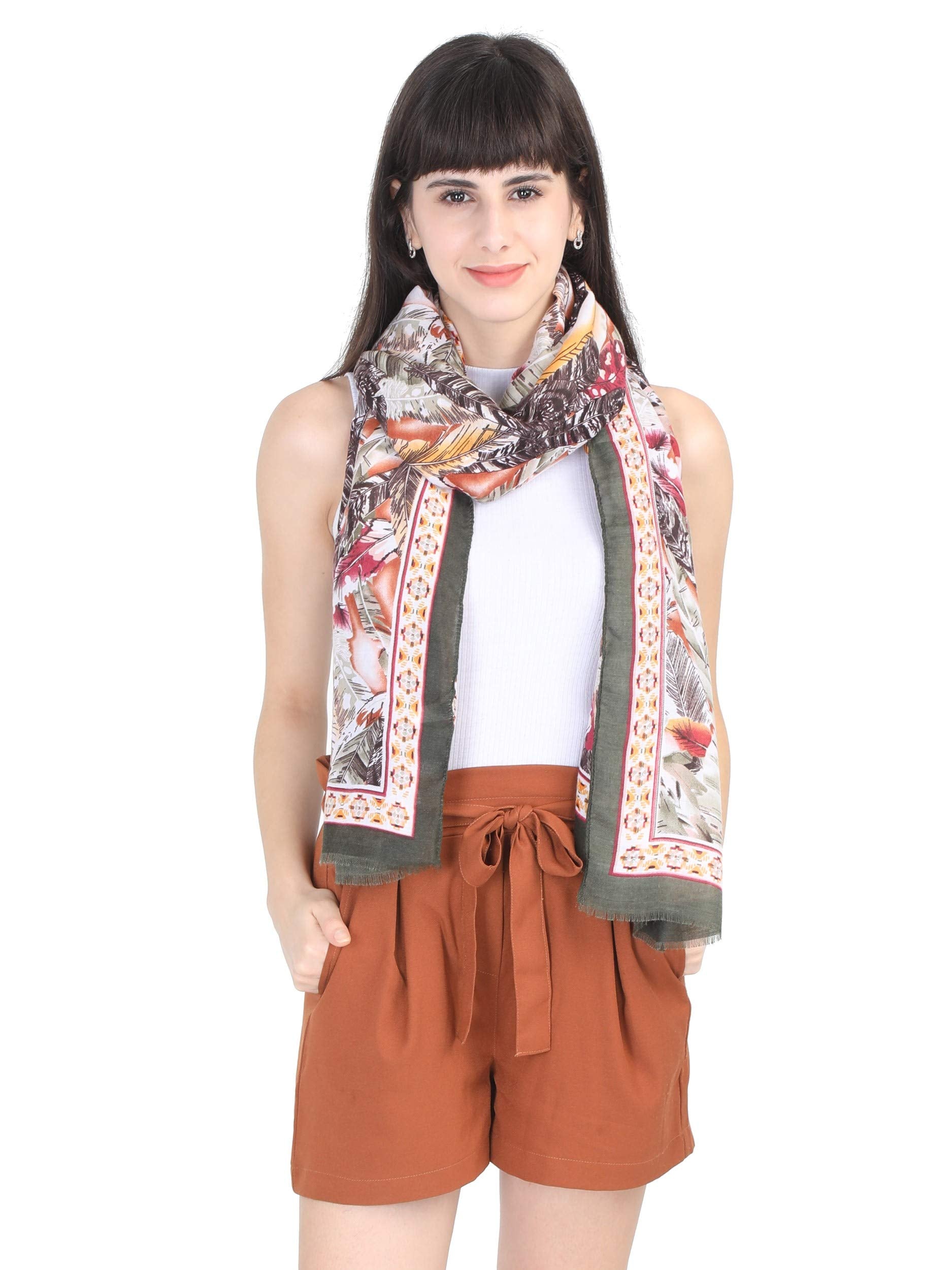 FabSeasons Women's Cotton Printed Long Scarf (Green, 95 x 190 cm)