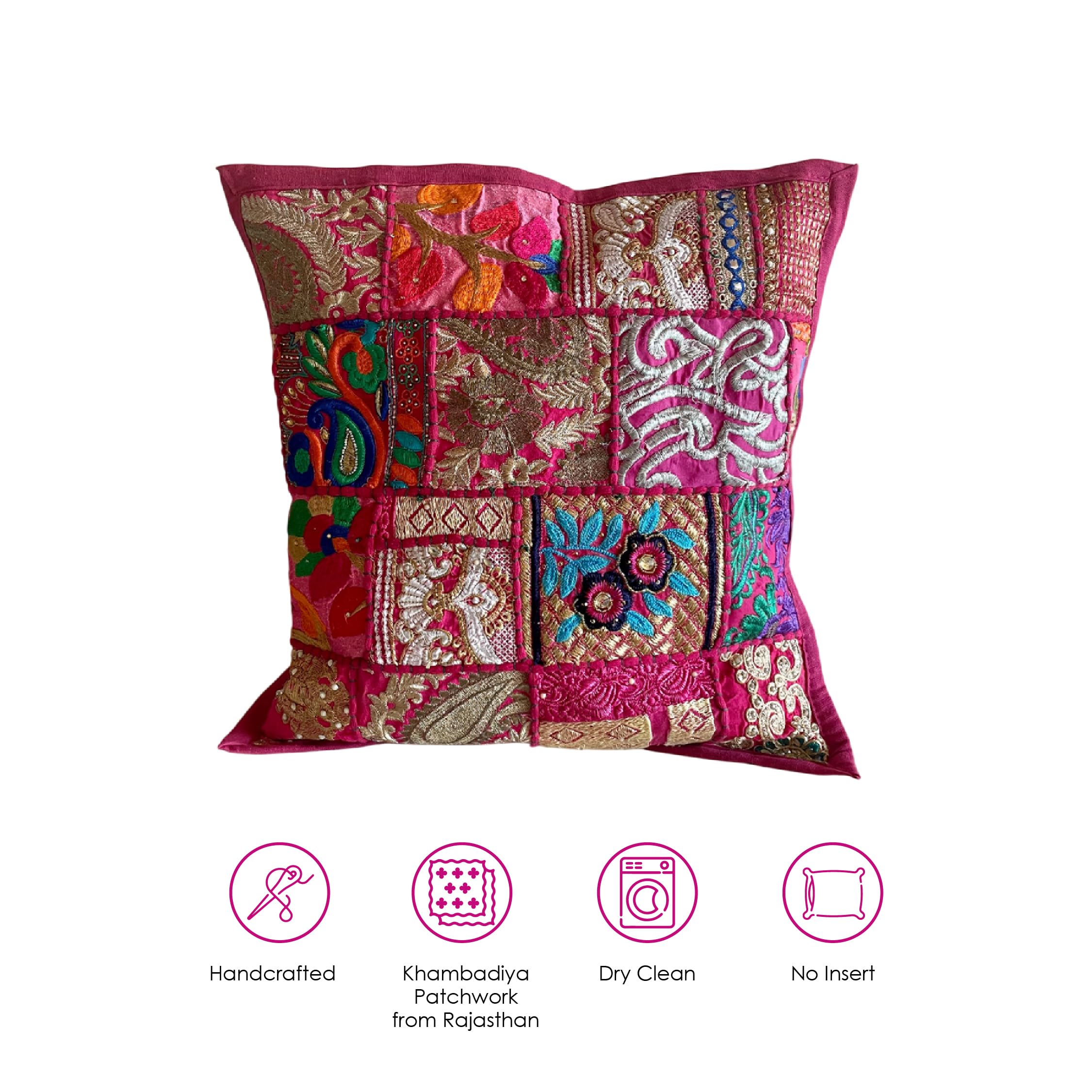 ATRANGI STUDIO Patchwork Cushion Covers - Set of 5 | Assorted Handcrafted Khambadiya Patchwork | Rajasthani Art Pillow Cover | Ethnic Cushion Covers for Sofa, Bed & Home Decor | 16x16 Inch, Multicolor